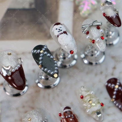 100% Handmade Press on Nails Christmas Press on Nails Medium Almond Shape Dark Red French Tips Snowman Design Rhinestones Christmas Tree Gingerbread Man Wintner Xmas Nails for Women Size M