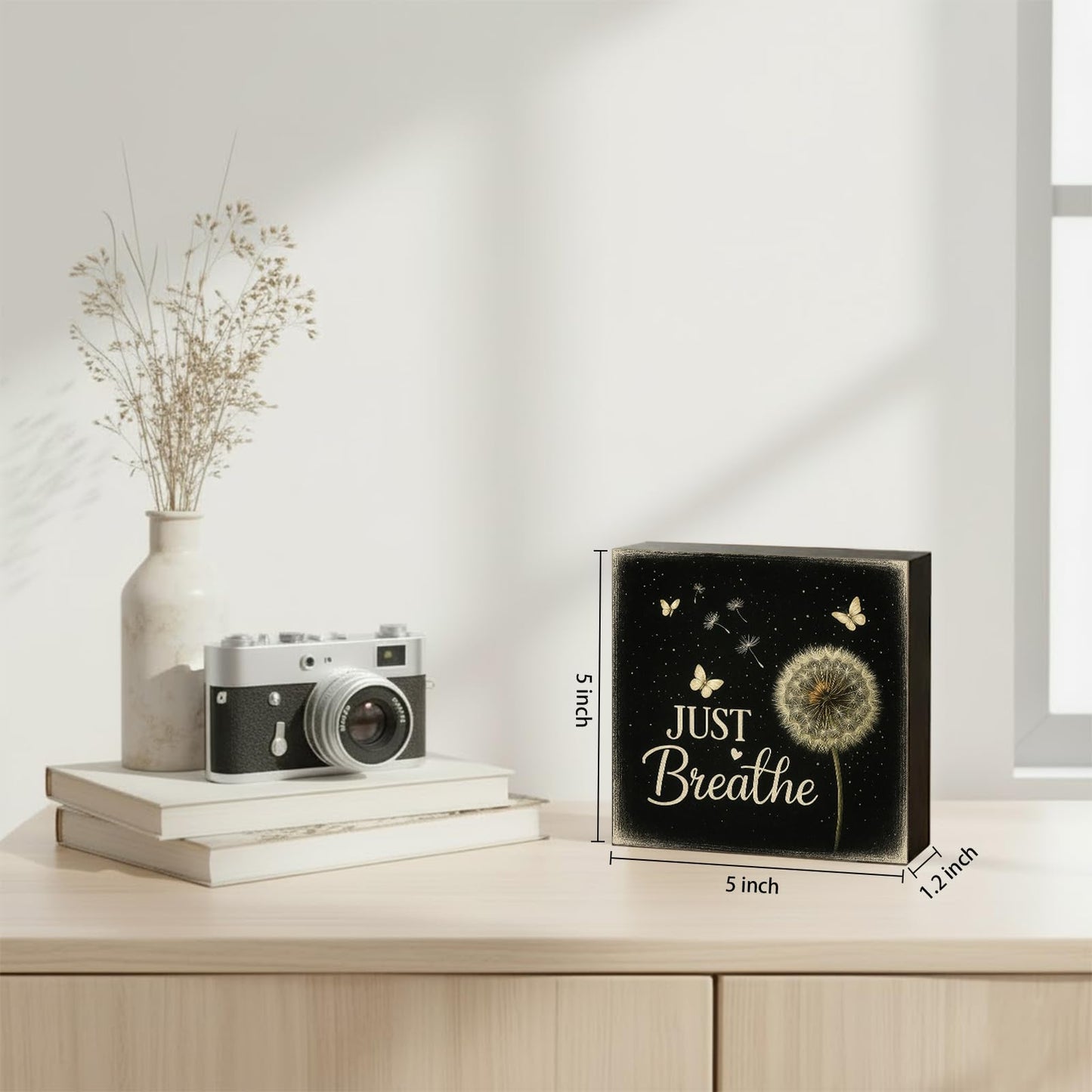 Lriumzn Just Breathe Wood Box Sign, Black, 5x5 Inch