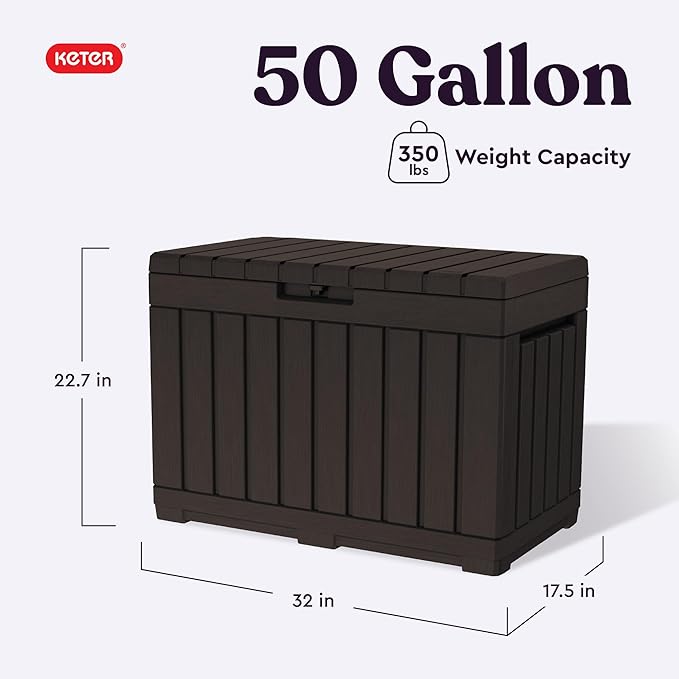 Keter Kentwood 50 Gallon Resin Deck Box for Outdoor Storage – Weather‑Resistant Balcony & Patio Box for Cushions, Throw Pillows & Garden Tools, Brown
