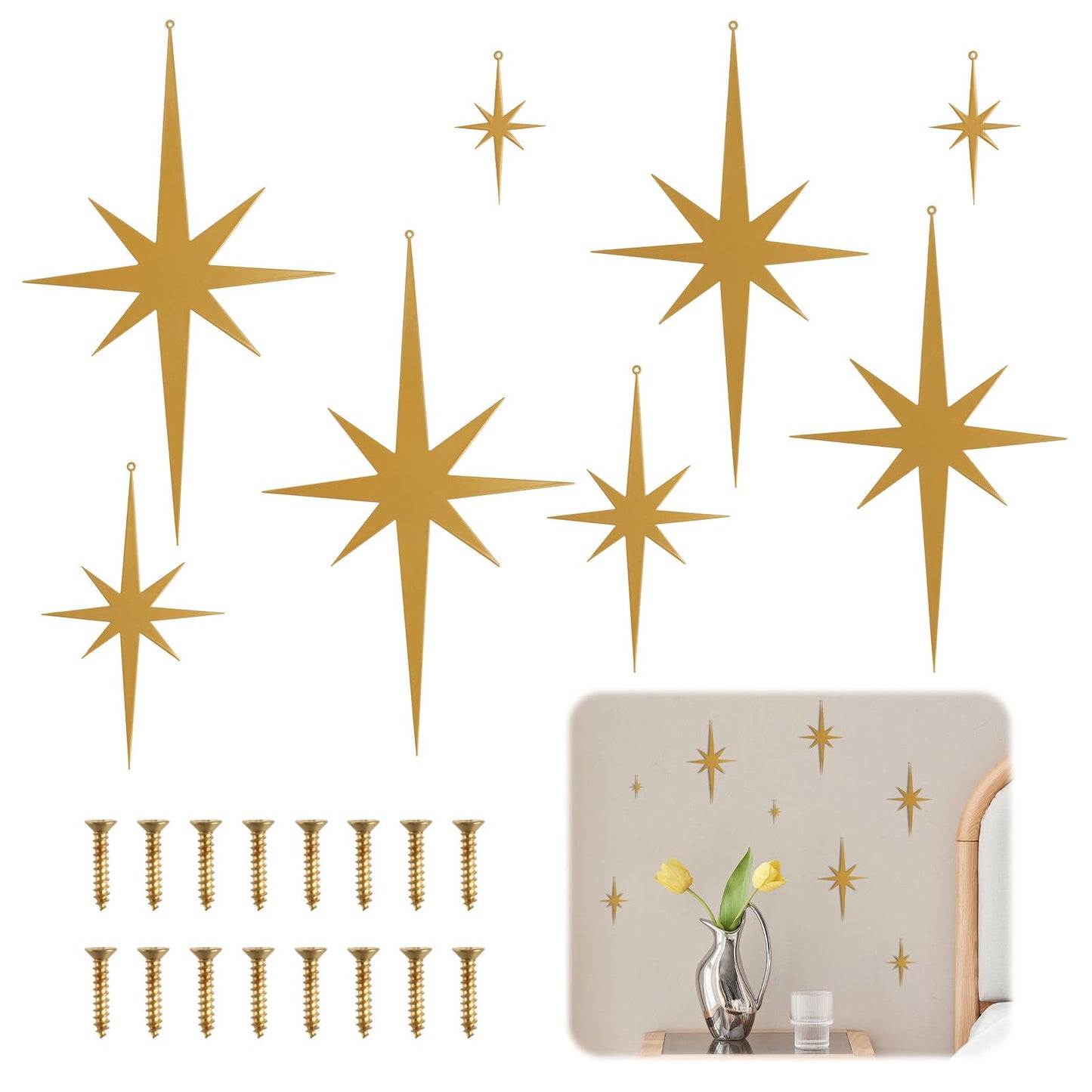 8 Pcs Gold Star Mid Century Modern Decor, 4 Sizes Retro 8 Pointed Atomic Stars Metal Wall Art, Make Your Home Elegant and Beautiful, Well Hangings for Living Room, Office, Bedroom