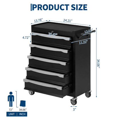 5-Drawer Tool Chest with Wheels, Rolling Toolbox with Keyed Locking System, Heavy Duty Tool Storage Cabinet for Garage, Warehouse, Workshop, Repair Shop, Black