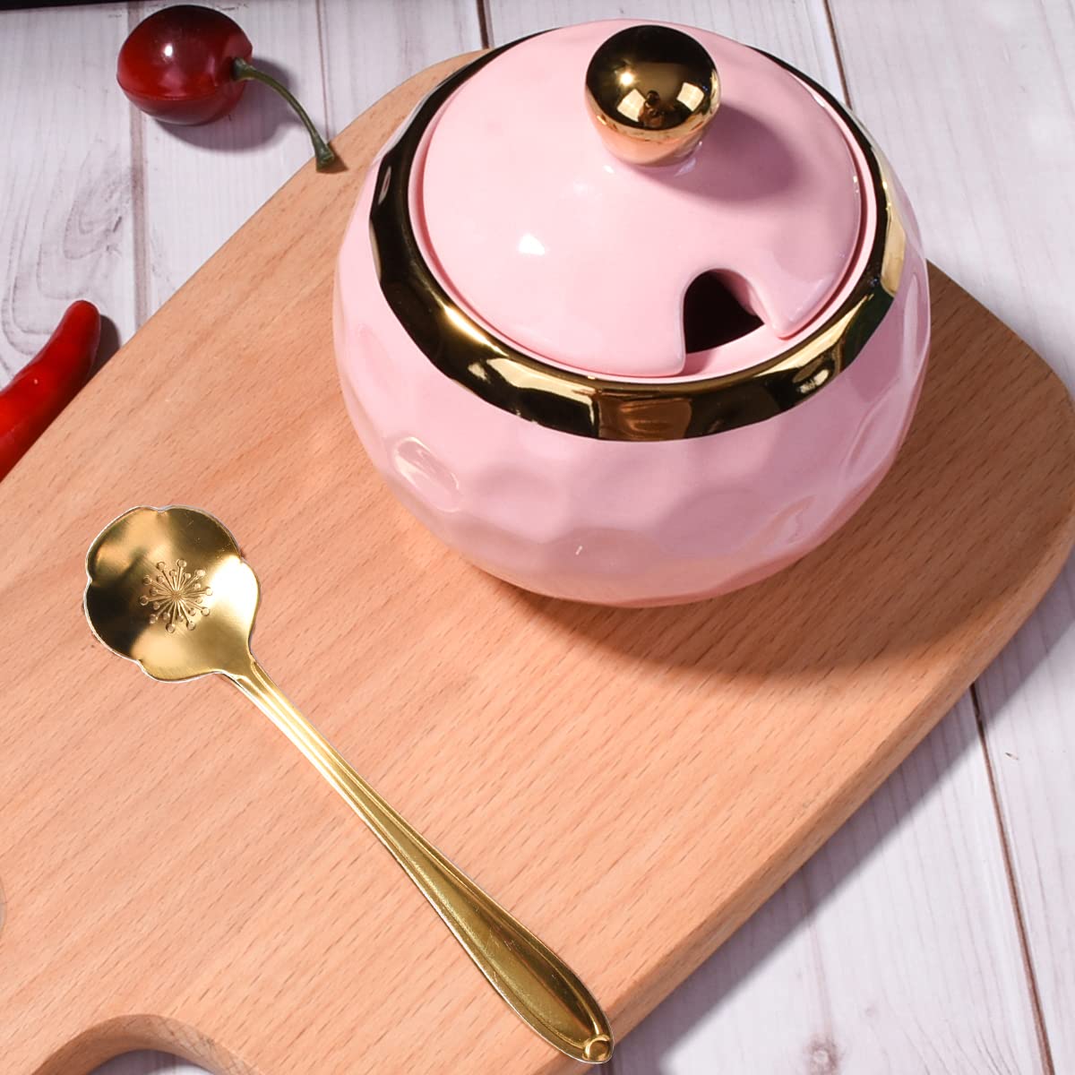 BOSILI 2-Piece Ceramic Sugar Bowl Set with Spoon and Lid, Hammered Condiment Jars for Countertop, Decorative Porcelain Salt and Spice Container Bundle For Sugar, Salt, Spices