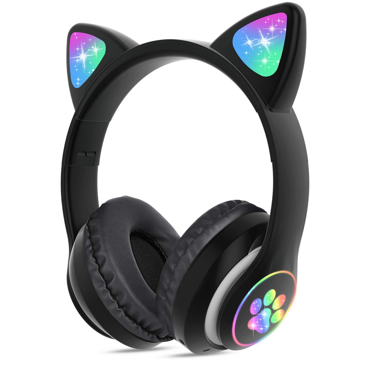 TCJJ Kids Wireless Headphones - Cat Ear LED Light Up, Bluetooth 5.4, Safe Volume Limit, Noise Cancelling with Mic & TF Card for Girls Boys Toddlers School (Black)