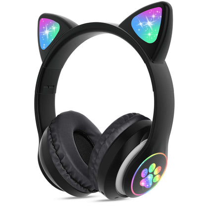TCJJ Kids Wireless Headphones - Cat Ear LED Light Up, Bluetooth 5.4, Safe Volume Limit, Noise Cancelling with Mic & TF Card for Girls Boys Toddlers School (Black)