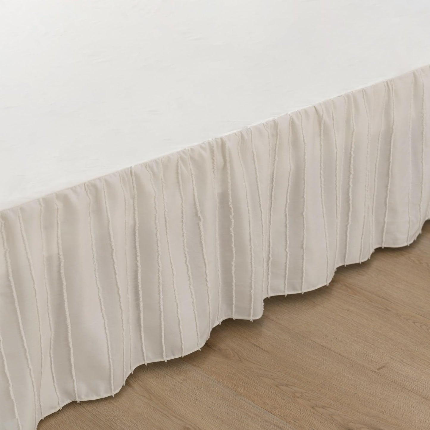 Bed Skirt Queen Size Ruffled Bed Skirts with Split Corners, 14 Inch Drop Dust Ruffle Bed Skirt with Platform, Tufted Boho Bed Skirting Queen Size, Striped, Ivory, 14" Queen