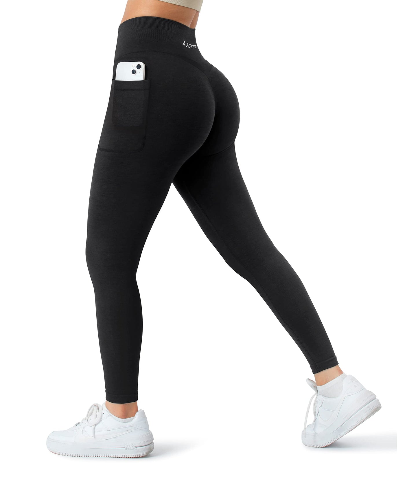 A AGROSTE Women Seamless Workout Leggings with Pockets Scrunch Butt Lifting Gym Leggings High Waisted Yoga Pants