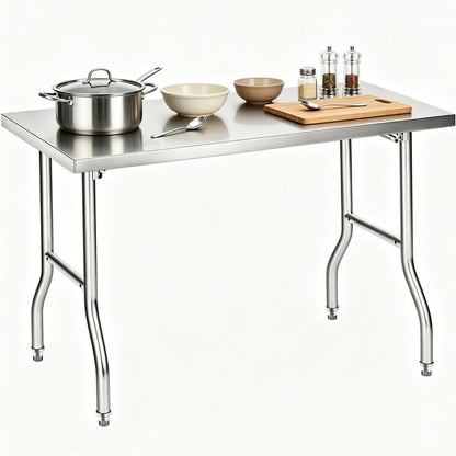Foldable Stainless Steel Table 48x30 Inch, 1-Tier Portable Workstation, Commercial & Utility Table for Kitchen Prep, Catering, Garage, Workshop and Home Use, 600 LB Capacity