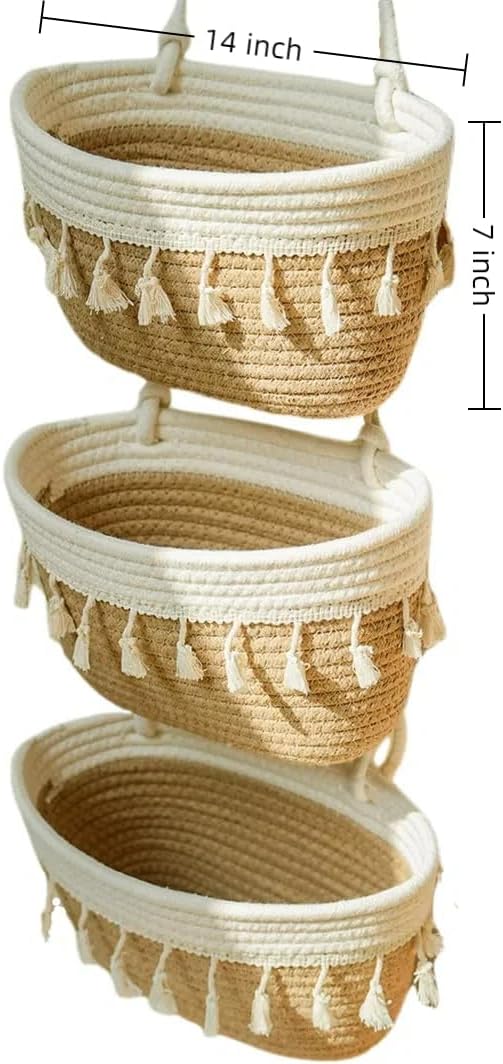 Hanging Baskets for Organizing, 3-Tier Woven Cotton Wall-Mounted Storage