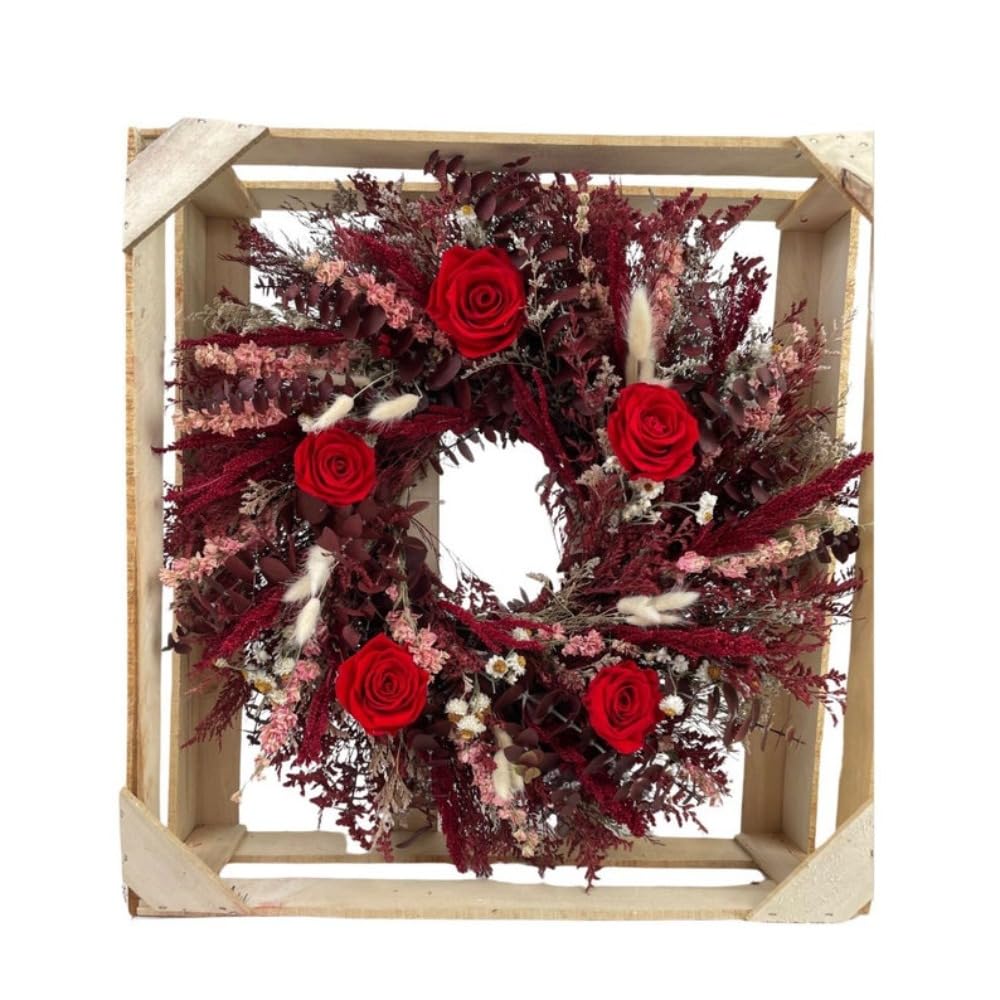 All Natural Preserved Red Rose Wreath, Handmade with Real Preserved Roses and Burgundy Eucalyptus, 20 Inch Dried Floral Wreath for Front Door and Wall Decor