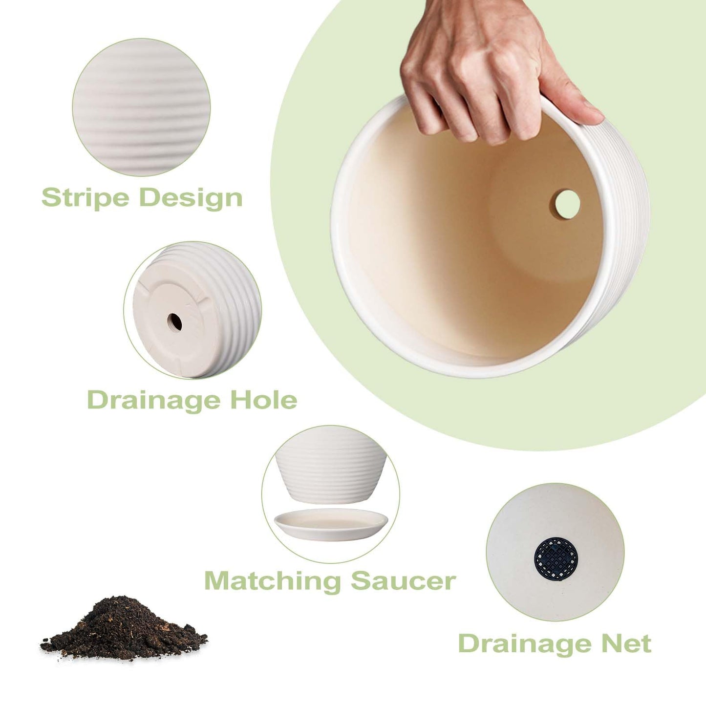 EPFamily 8 Inch Ceramic Planter Pot Round Plant Pot with Drainage Hole and Saucer Modern Flower Pot for Indoor Outdoor Plants White