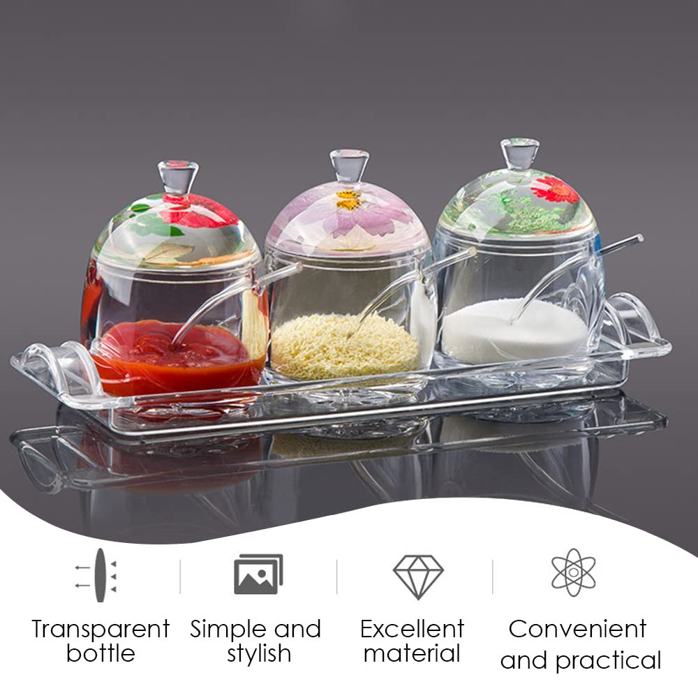 TINMIX Clear Seasoning Box - 3PCS Acrylic Condiment Pots for Salt Sugar Herbs, Spice Jar Containers with Base, Dried Flower Handle Lids and Spoons