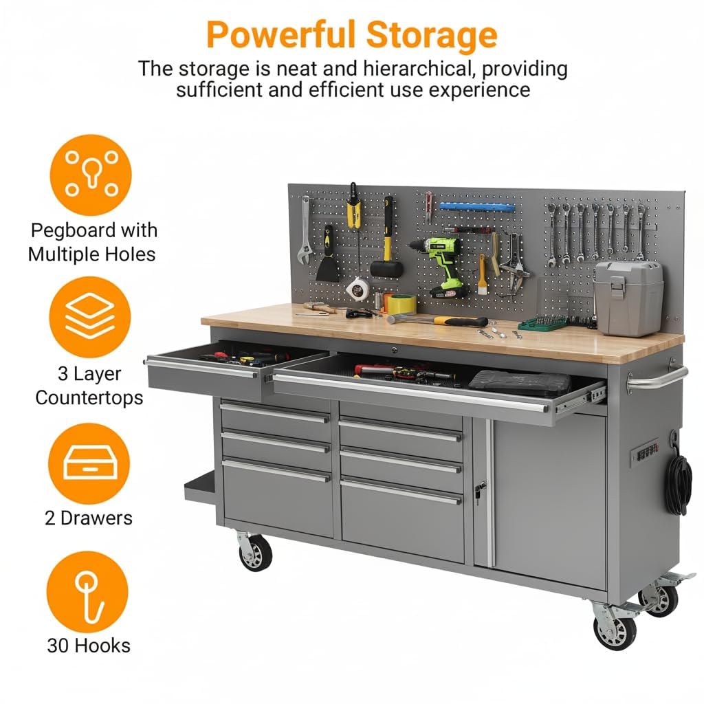 61-Inch Heavy Duty Rolling Tool Chest with 10 Drawers and Solid Rubber Wood Top Mobile Workstation, 1675 LBS Load, Includes Power Strip, Locking System, Drawer Liners for Garage Warehouse Repair Shop