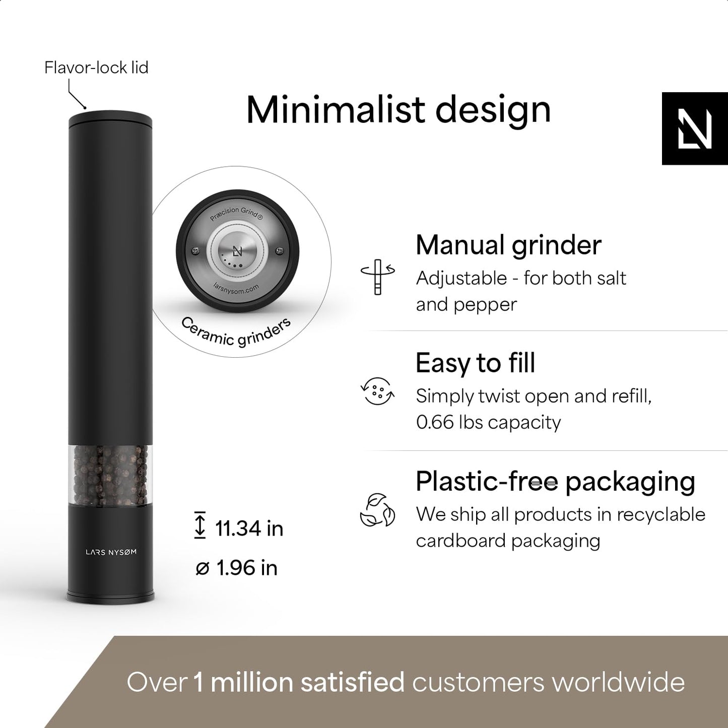 LARS NYSØM Salt Pepper Mill Manual with adjustable ceramic grinder from coarse to fine I Design Spice Mill (Carbon Black)