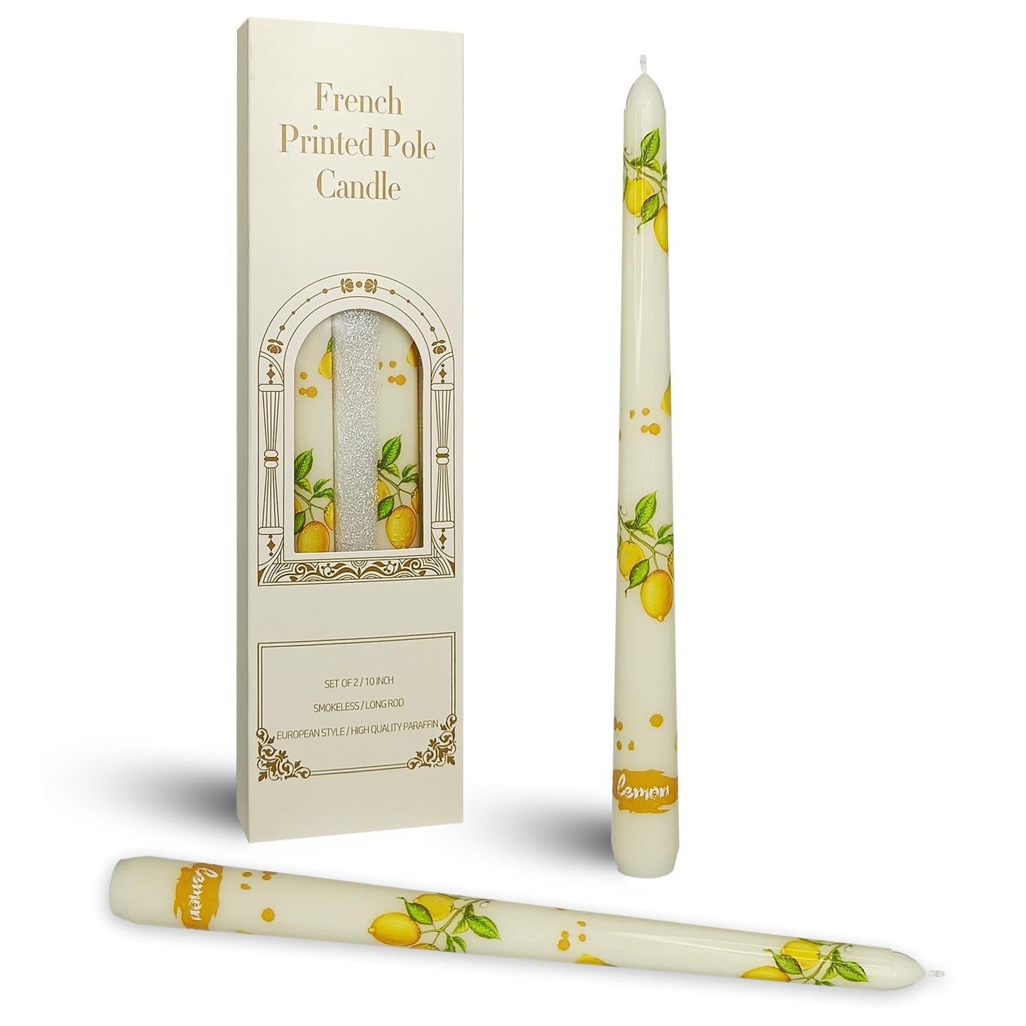 Summer Floral Taper Candle - Baleagcdl Ivory with Lemon Prints Candlesticks Handmade Long Tapered Candles 10 Inch Drip Candle for Home Holiday Decor Gifts Set of 2