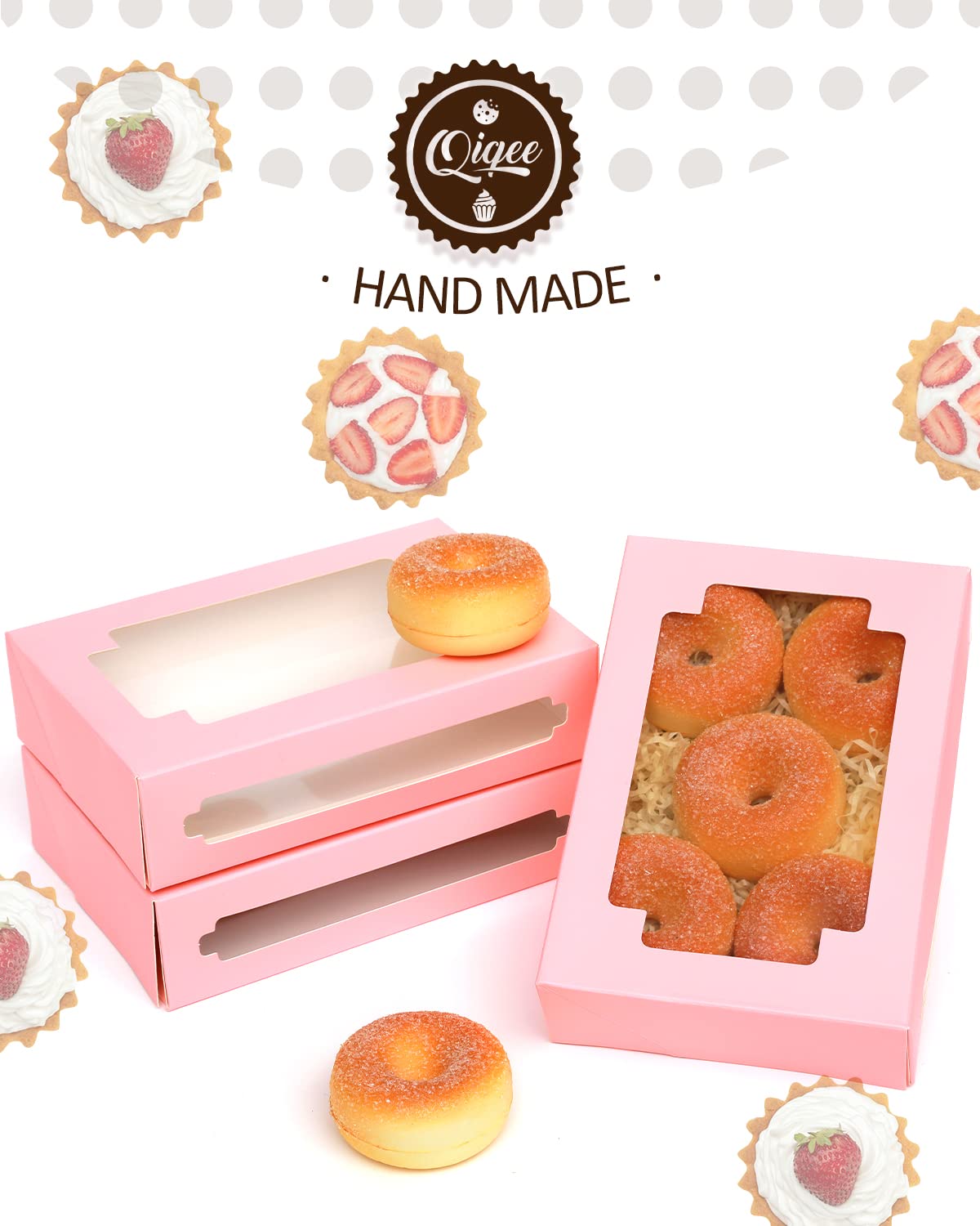 qiqee 36Packs Auto-pop Pink Cookie Boxes for Gift Giving 8x5.3x2 inch One Second Folding Pink Bakery Box with Window Treat Box for Donuts Candies and Biscuit