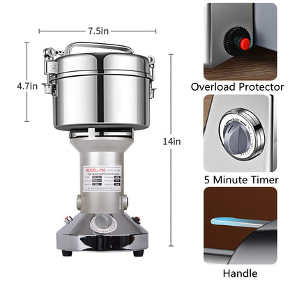LEJIEYIN Grain Mill Electric 750g Electric Mill Stainless Steel Graingrinder & Commercial Motor Grinding Stone Mill Grain with 2000W 25000 RPM for Nuts/Cereals with Overload Protection