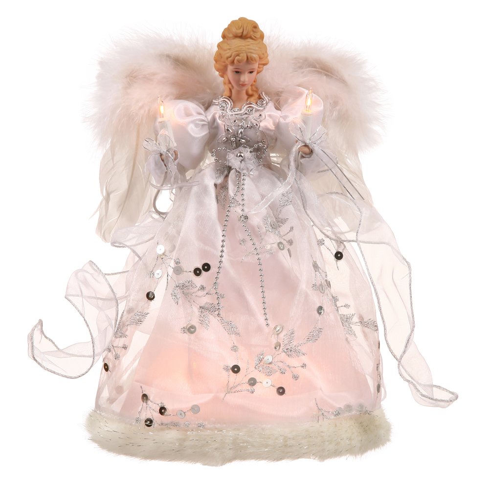 Vickerman Ice Palace Lighted White and Silver Angel Christmas Tree Topper with Clear Lights, 12"