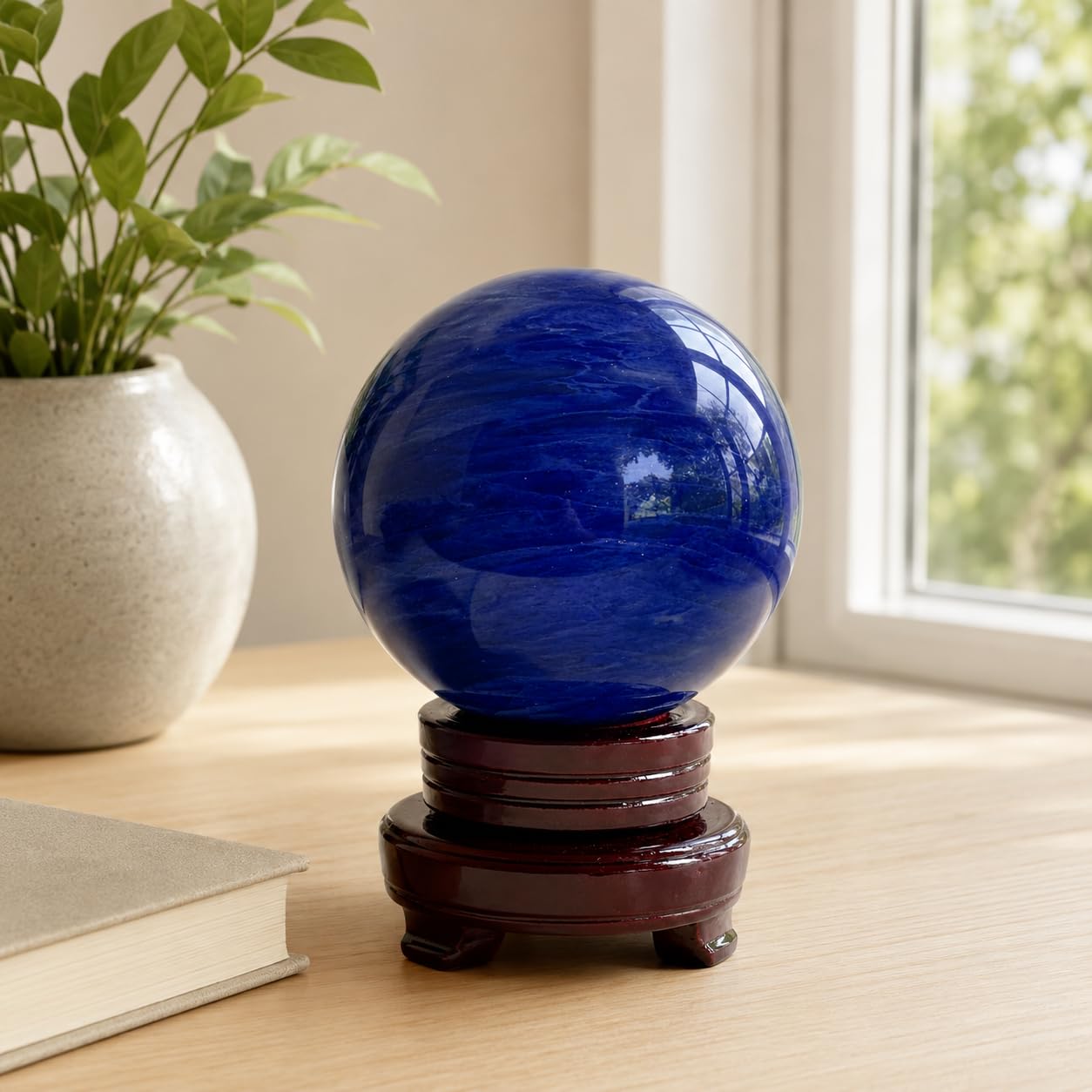 Lodkksg Blue Crystal Ball(100mm-3.93 inches) with Display Stand—Natural Sapphire Sphere for Decoration and Divination