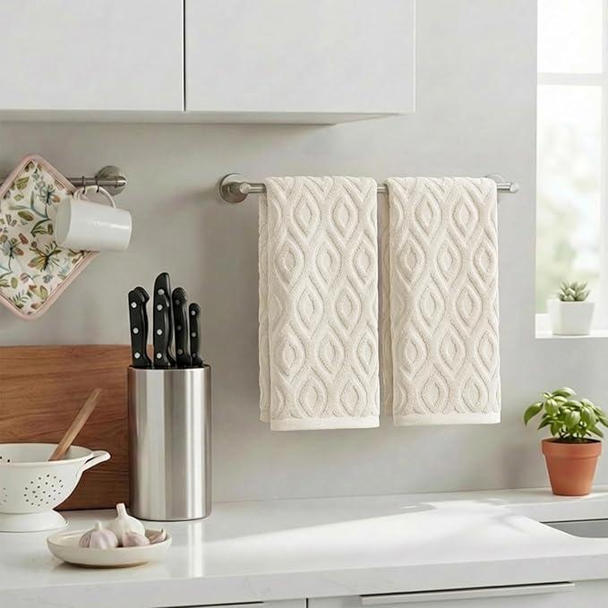 Artoid Mode 2 Pcs Beige 3D Diamond Grid Jacquard Hand Towels