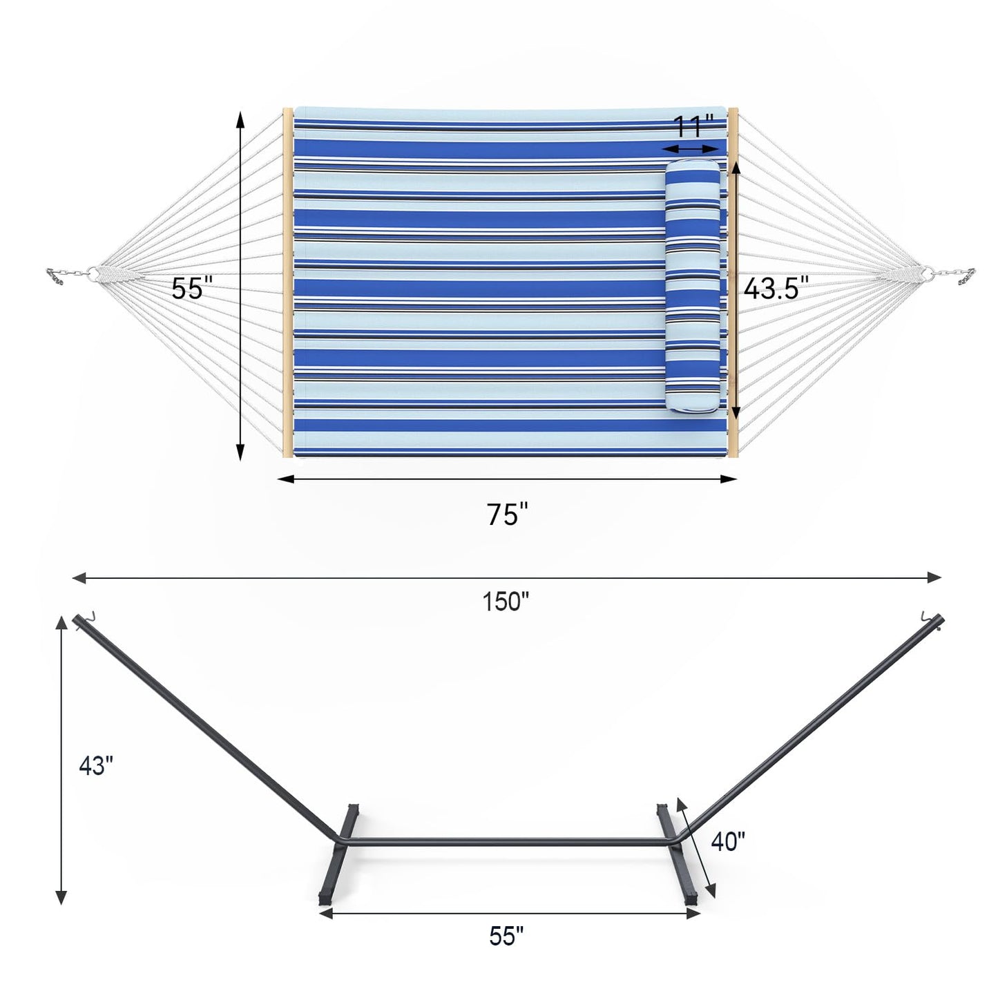 Everyfun 2 Person Outdoor Hammock with Stand, Cotton Rope Hammock with Polyester Pad, Adjustable Steel Frame, Portable with Carrying Bag – for Patio, Backyard, Garden, Beach, Blue
