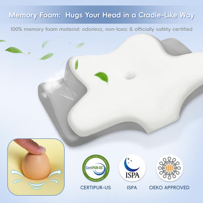 Cervical Neck Pillow, Memory Foam Pillows for Neck and Shoulder Pain Relief, 2 Heights Ergonomic Pillow with Breathable Ice Silk Cover, Neck Support Pillow for Side Back Stomach Sleepers, Odorless