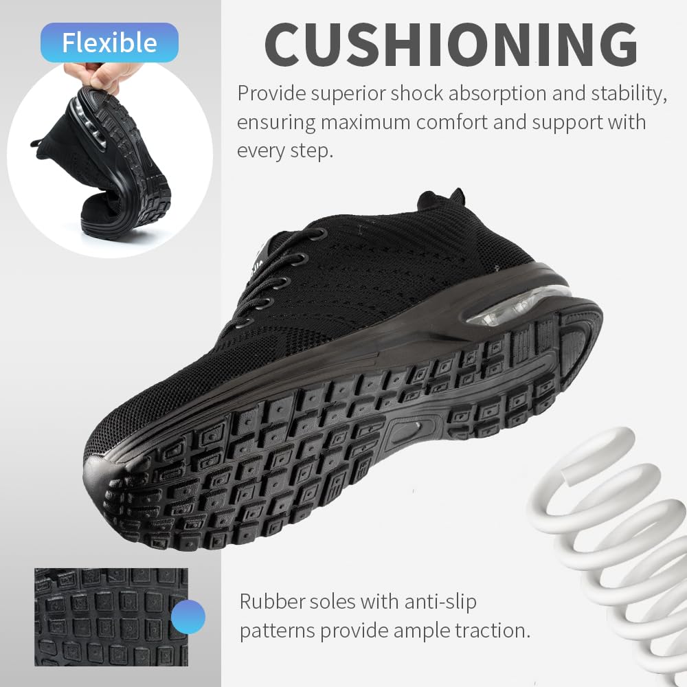 Nasogetch Safety Trainers Steel Toe Cap Trainers Men Women Lightweight Breathable Safety Shoes Work Trainers with Cushioning Black UK 9 Label Size 43