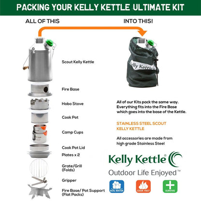 Kelly Kettle® Ultimate 'Scout' Kit VALUE DEAL | 41oz Steel Camp Kettle, Cook Set, Hobo Stove, Cups, Plates, Base Support | Use Sticks to Boil & Cook Fast | Camping, Fishing, Picnics, Emergencies