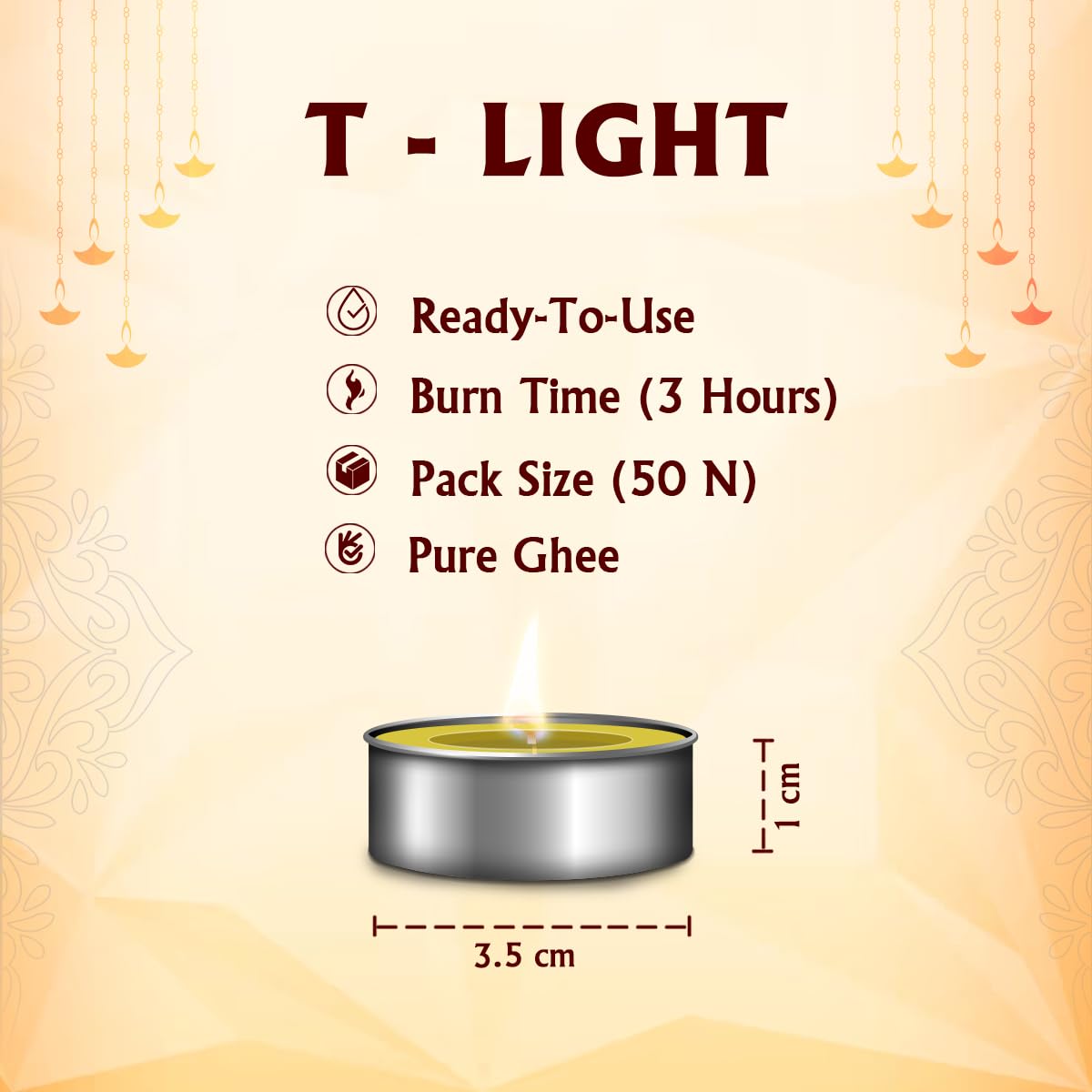 Shubhkart Tejas Premium Ghee T-Light Candle Set of 50 Wax-Free Smokeless Tealights for Prayer Rooms, Meditation, Home, Festive Events, Weddings & Gifting with Bright Long-Lasting 3-Hour Pure Flame