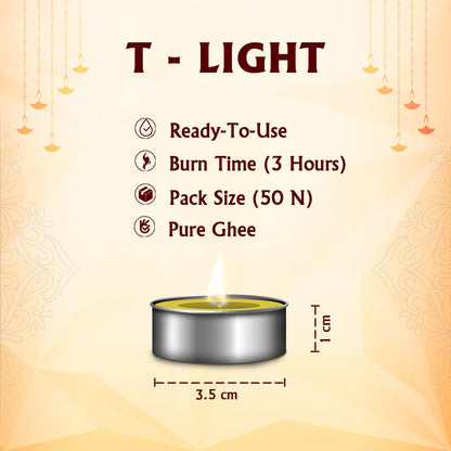 Shubhkart Tejas Premium Ghee T-Light Candle Set of 50 Wax-Free Smokeless Tealights for Prayer Rooms, Meditation, Home, Festive Events, Weddings & Gifting with Bright Long-Lasting 3-Hour Pure Flame