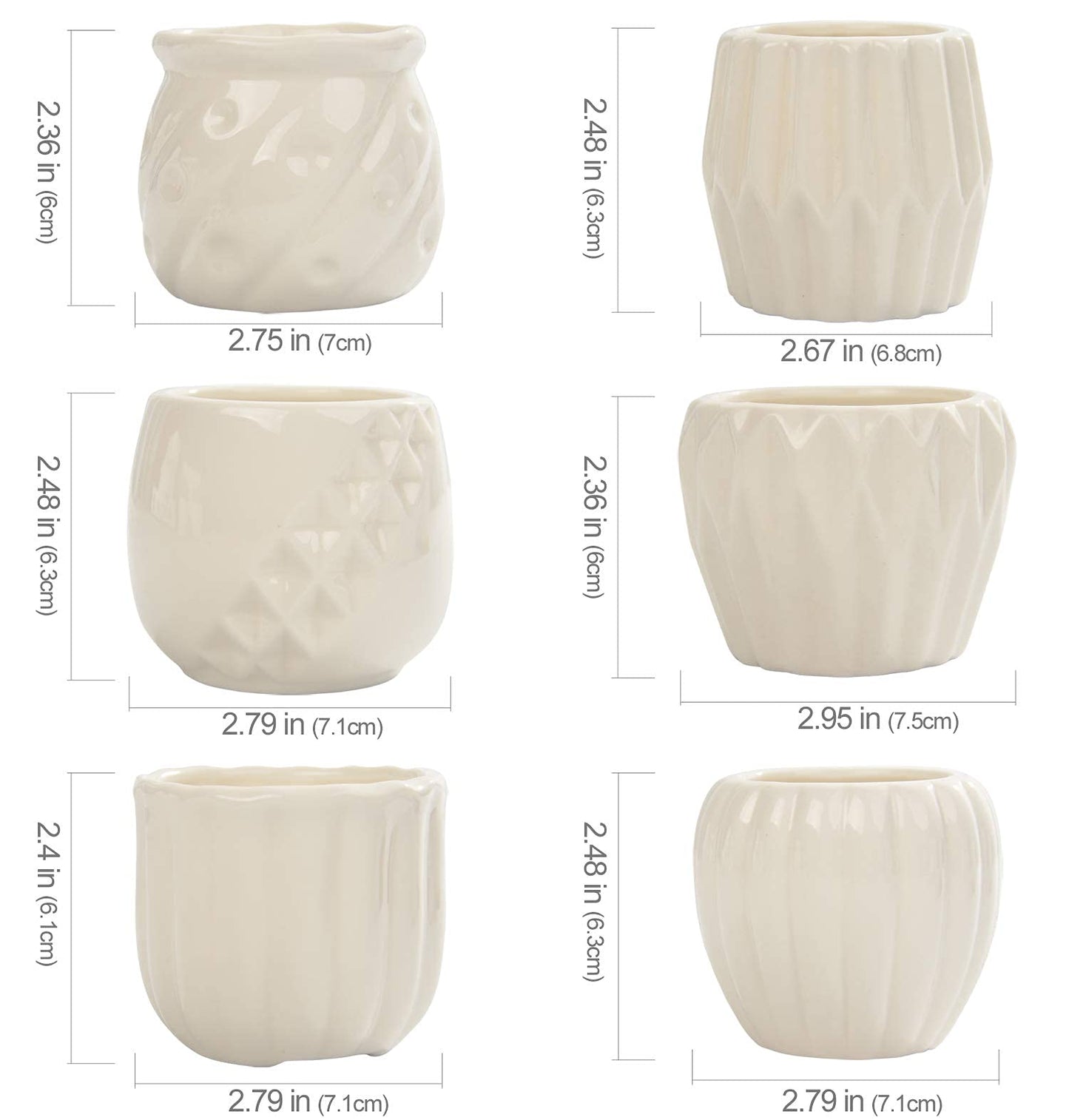 B SEPOR Set of 6 White Simple Porcelain Planters for Small Plant Pots Baby Succulent Cactus with Drainage and Saucer for Home Office Decoration Gift(White Stripes)