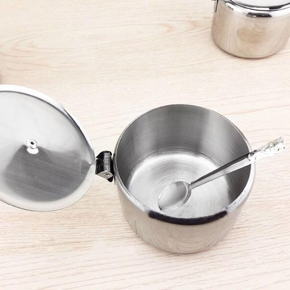 Stainless Steel Seasoning Box, Condiment Jar Spice Container with Lids and Spoons,Spice Pots Salt Container Sugar Bowl Set of 3,Storage Condiment Seasoning Jars