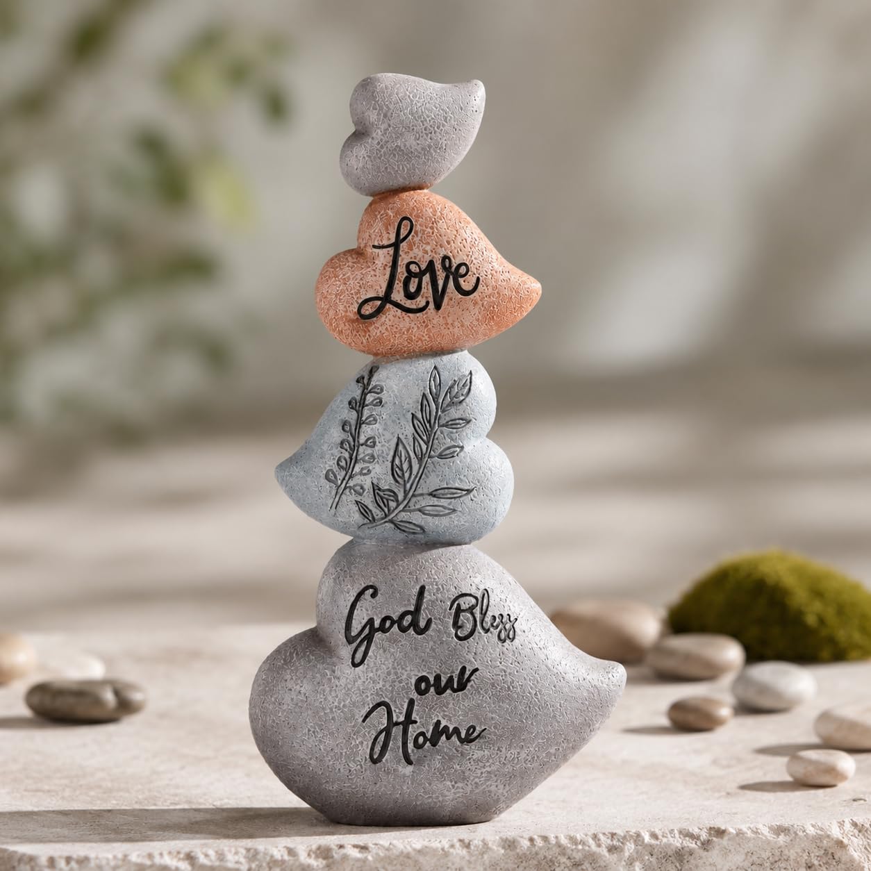 WUBIANJIE Cairn Rock Sculpture Stacked Ornament Decor, Resin Rock Decor for Fish Tank, Terrarium or Shelf, Tabletop Zen Garden Statue, God Bless Our Home Accent