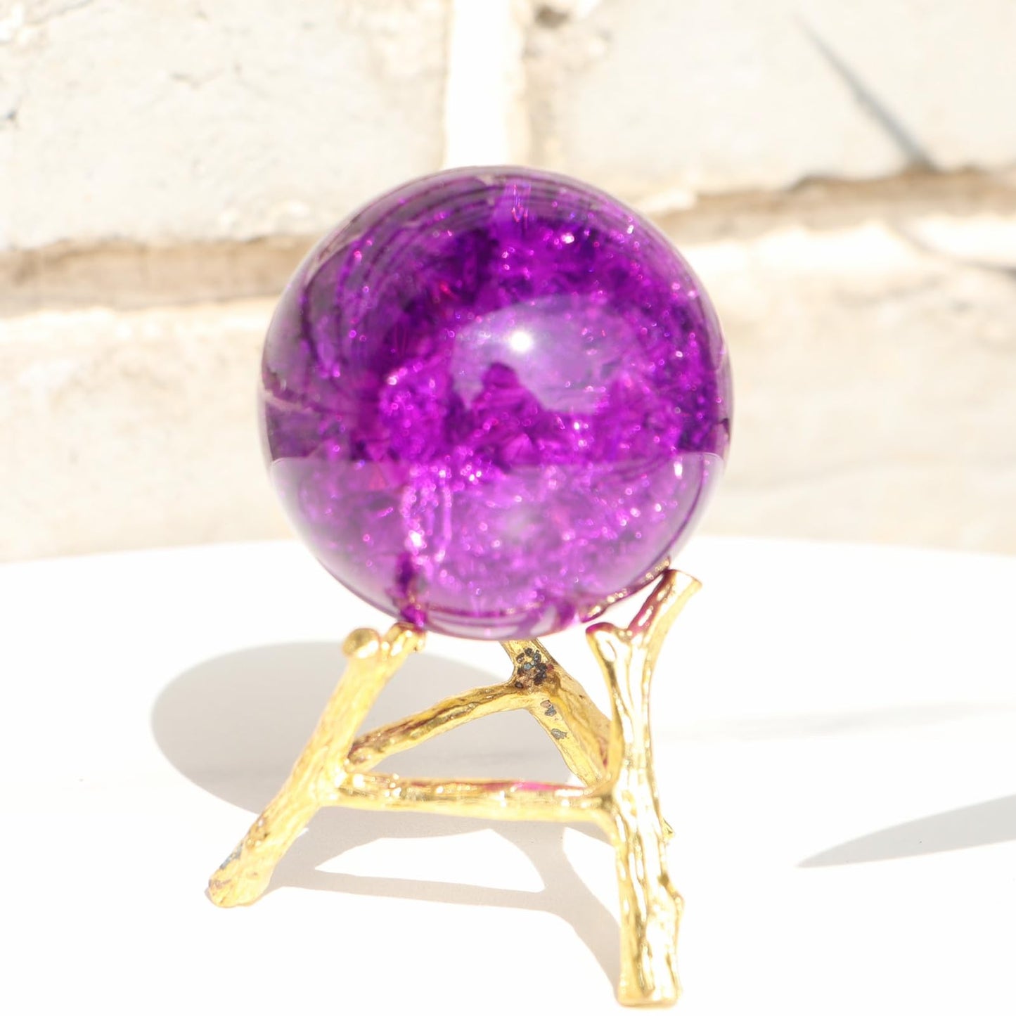 50mm Crystal Ice Cracked Balls with Metal Branches Base Paperweight K9 Glass Decorative Ball Decor for Home Table Room Office Wedding Ornaments (Purple)