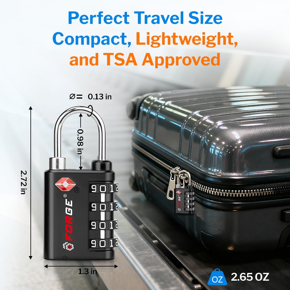 Forge Dual-Opening: Key or Combination Lock, TSA Approved Lock for Luggage, Pelican case, Travel, Gym, School,Luggage Combination Lock,Travel Bag Lock (Black 2 Pack)