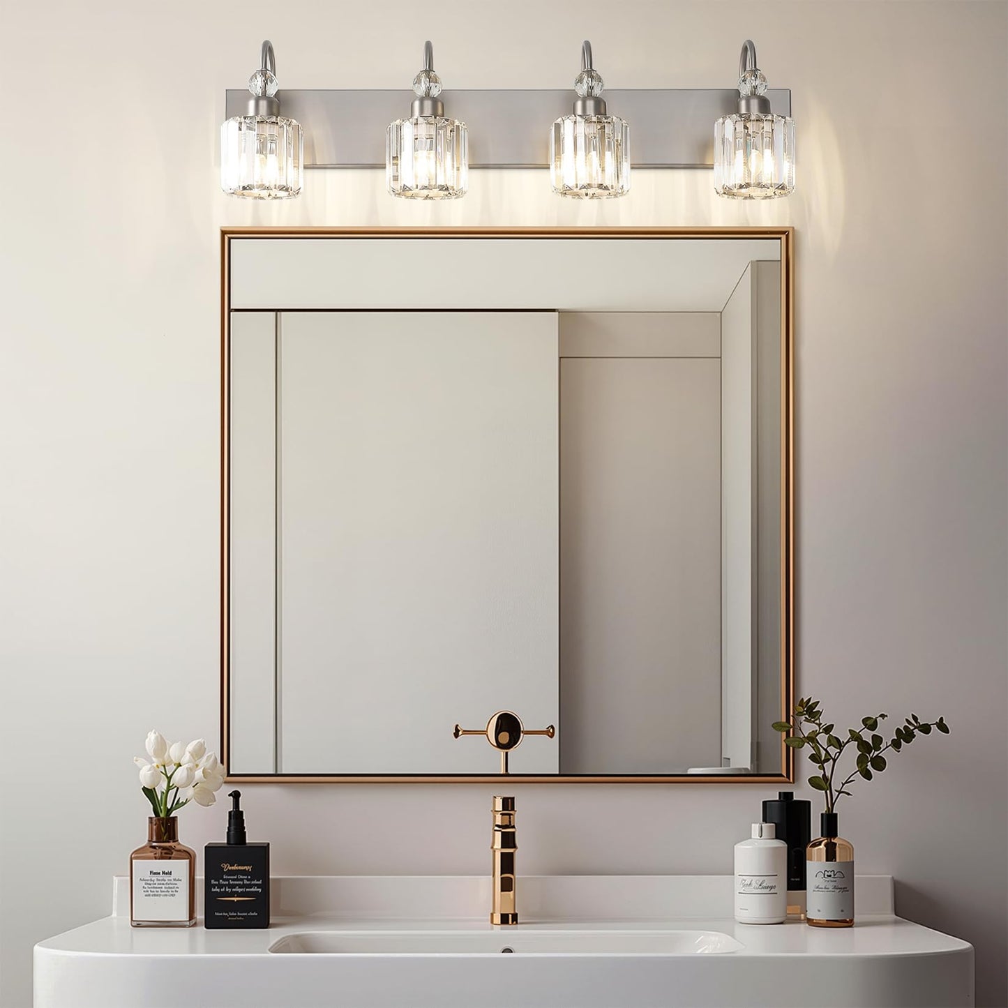 Ralbay 4-Light Crystal Vanity Light for Bathroom Brushed Nickel Modern Bathroom Light Fixtures