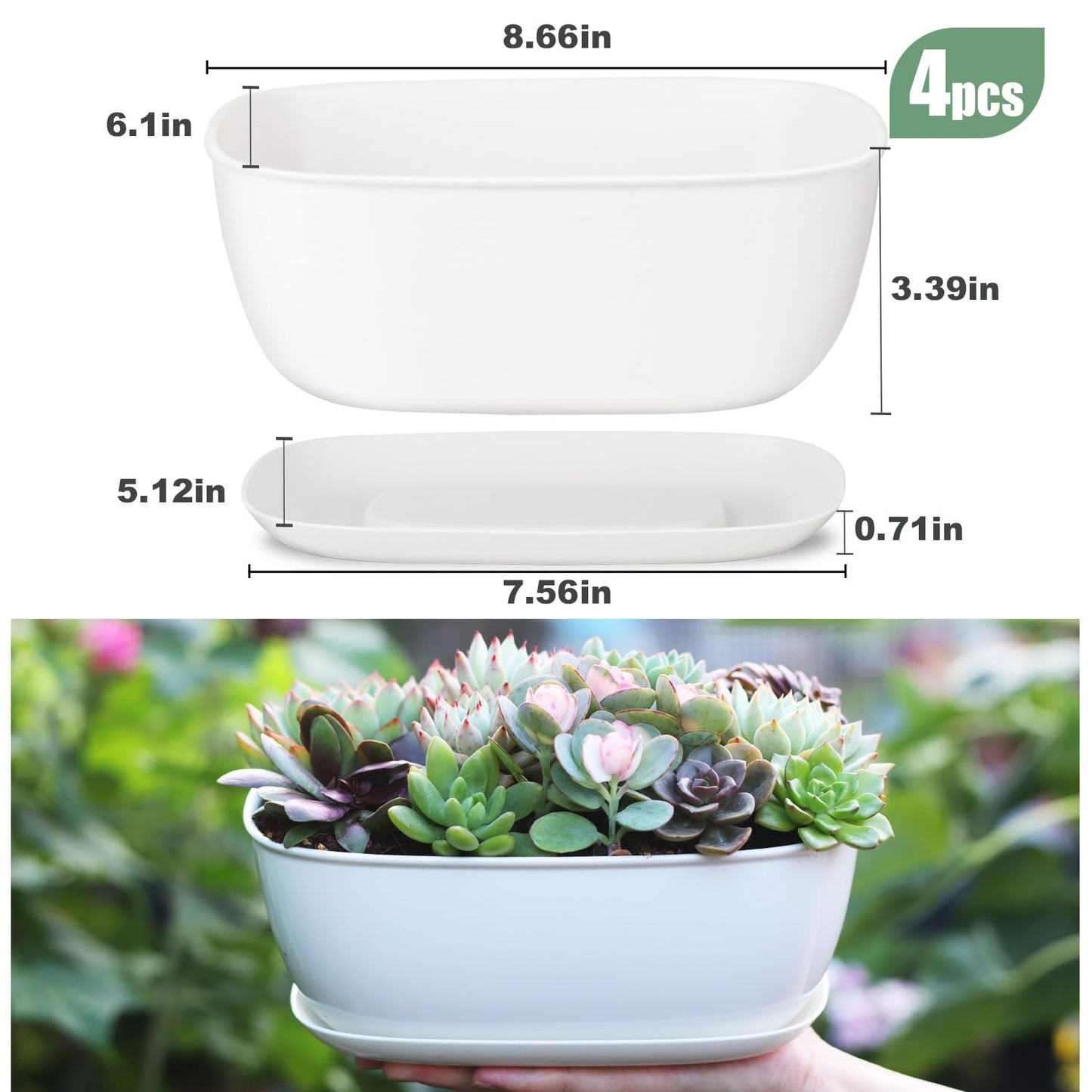 Oliz Set of 4 White Oval Shallow Herb Garden Planters with Drainage Holes and Trays (8.66 Inch) Plant Pots for Herbs Basil Orchids Succulents, Modern Herb Garden Planter for Indoor/Outdoor Plants