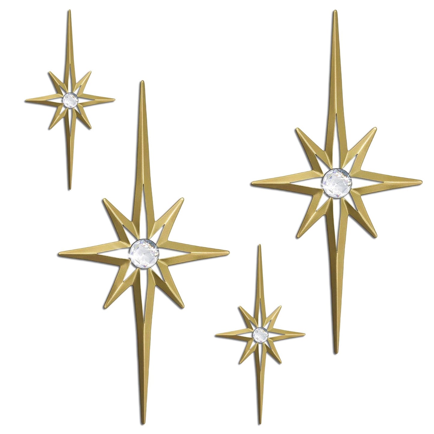 sxnzequnze 4 Pcs Star Wall Art for Home Decor Living Room Bedroom Office Metal 3D,Bling,with Hanging Hook Starburst Midcentury Sculpture Retro Gallery Accent Celestial -Gold 16.5in/9.4in