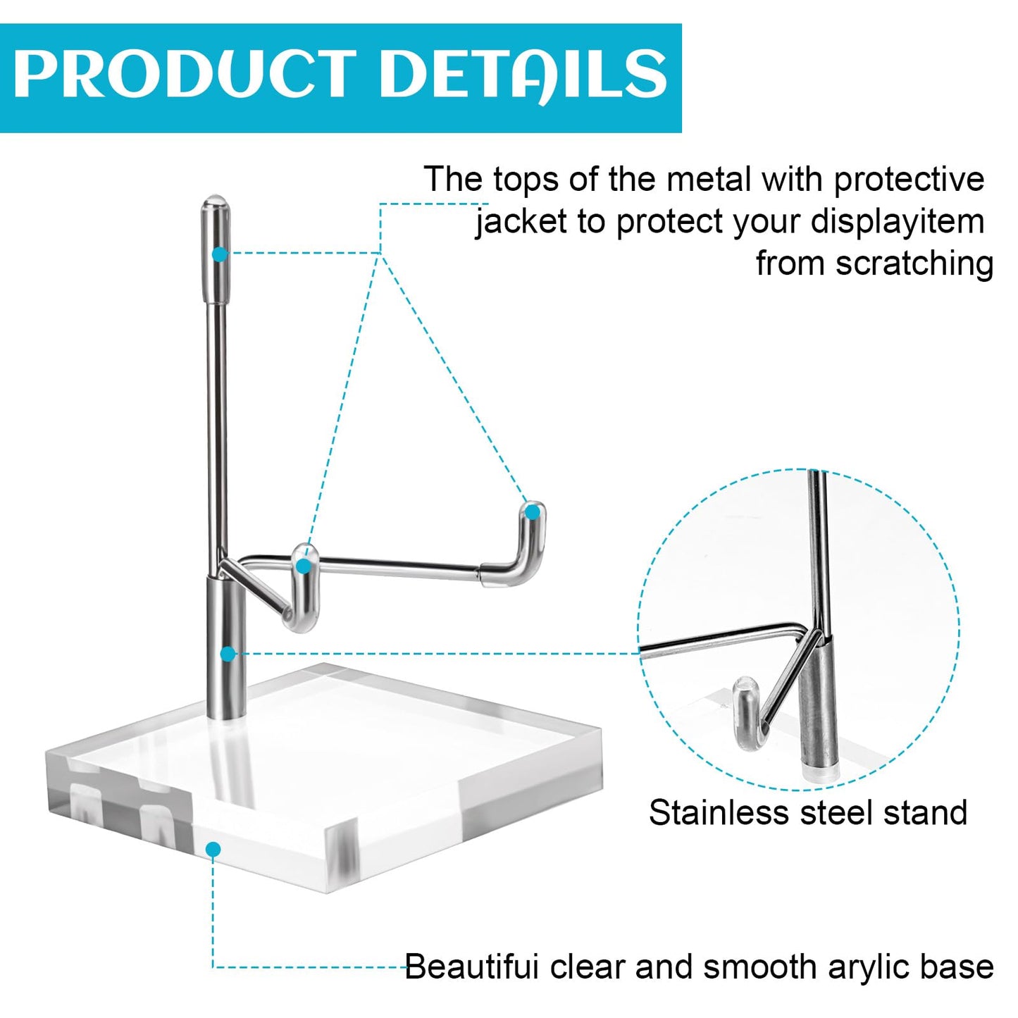 Tolare 6 Pcs Rock Display Stand with Acrylic Base, Adjustable Metal Arm Crystal Display Stand, Silver Small Holder for Gemstones, Fossils, Crystal, Minerals, Agate(2.4 X 2.4 X 4.1 Inches)