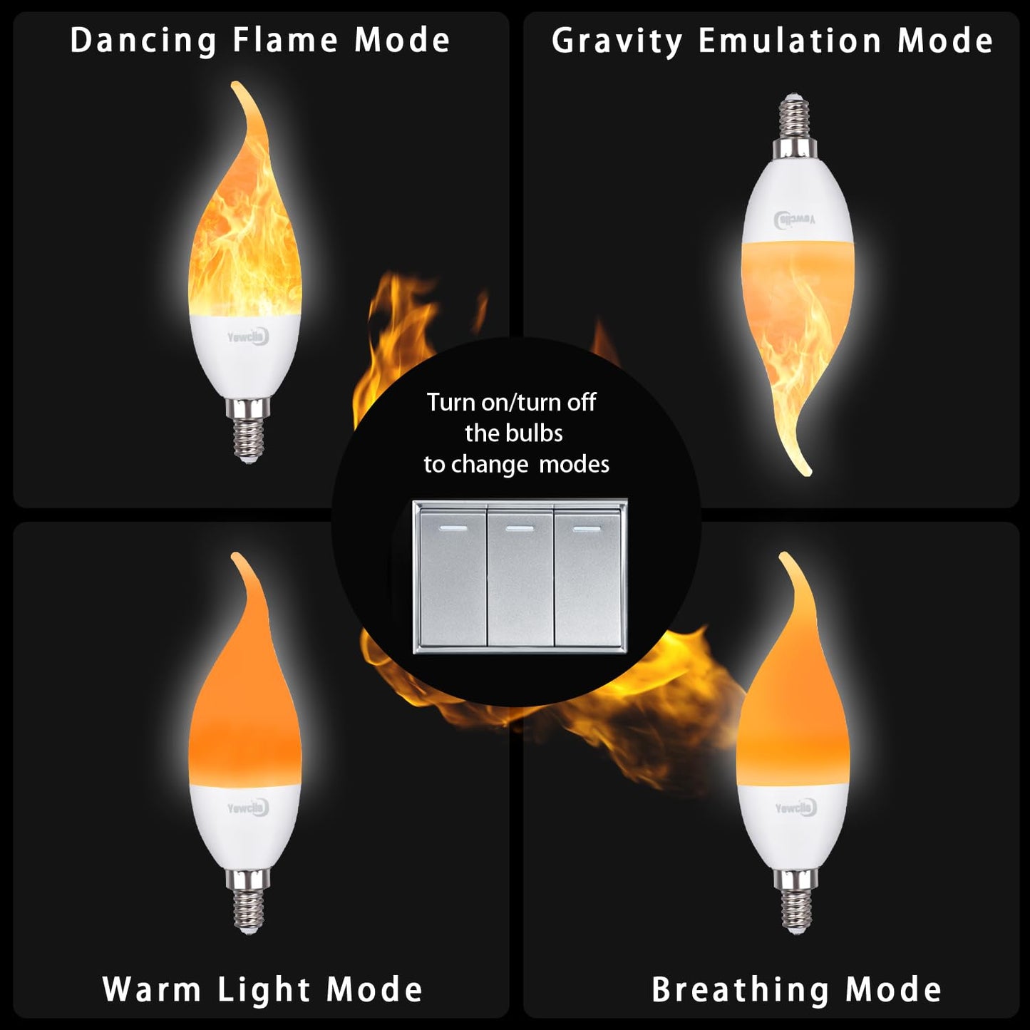 Yewclls Flame Bulbs E12 LED Flame Light Bulbs 3 Mode LED Candelabra 2W Flickering Effect Light Bulbs for Halloween Christmas Home Decor (4 Pack-Yellow)