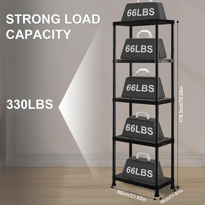 Plastic Storage Shelves, 70.2" H x 11.8" D x 23.62" W Plastic Shelves for Storage, 5-Tier Shelving Unit, Storage Rack, 330 lbs, Bathroom, Laundry, Garage & Home