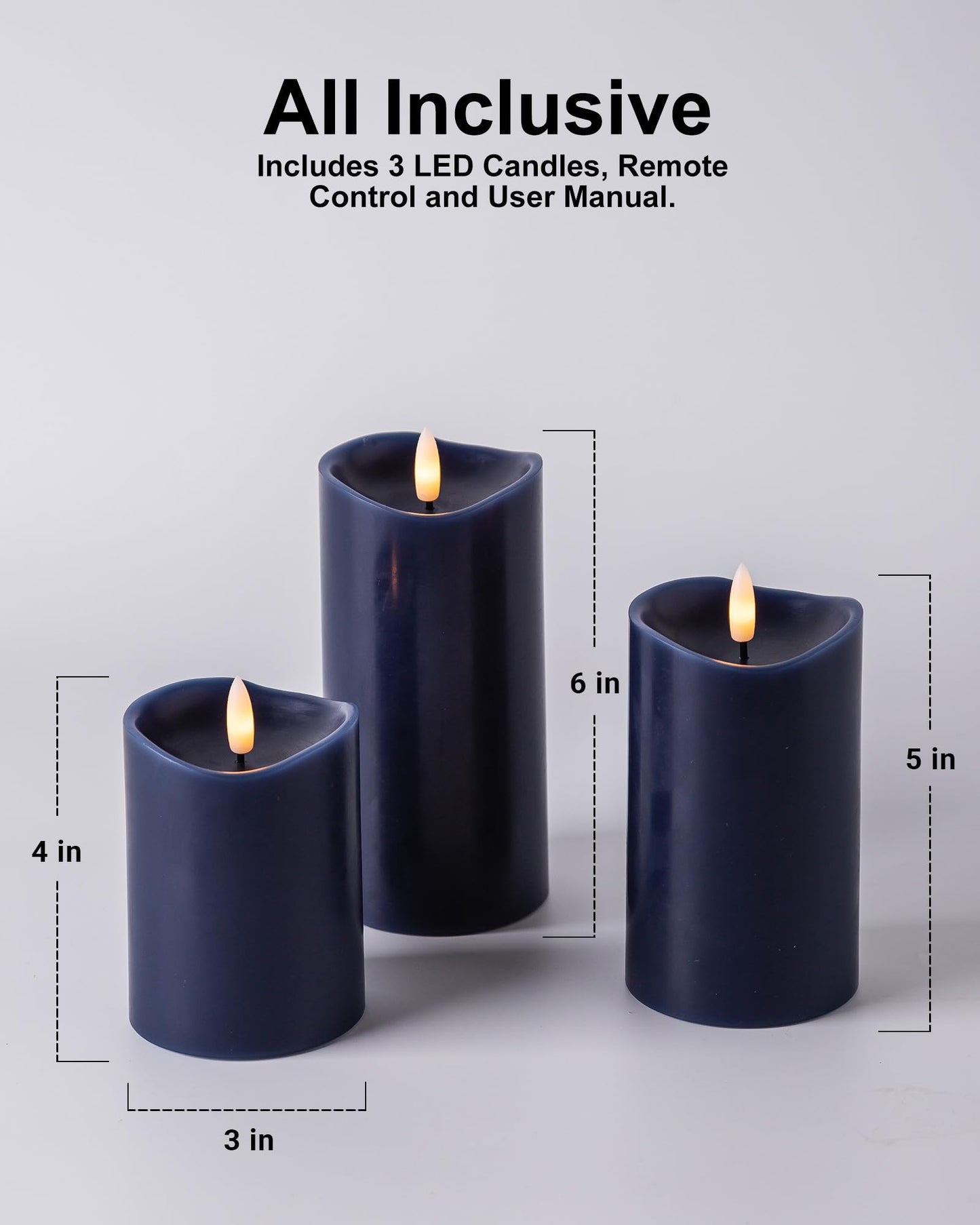 Velsyn Navy Blue Flameless Candles with Remote and Timer, Real Wax Made LED Pillar Candles Battery Operated with 3D Flickering Flame Melted Top, 3" x 4",5",6", Navy Blue Decor, Set of 3