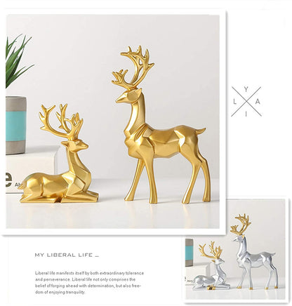 EIUY Nordic Style Origami Elk,Resin Sitting Standing Deer Statues, Creative Craft Reindeer Figurines, Ornaments Living Room TV Cabinet Wine Cabinet Gifts for Home Decoration One Pair (Golden)