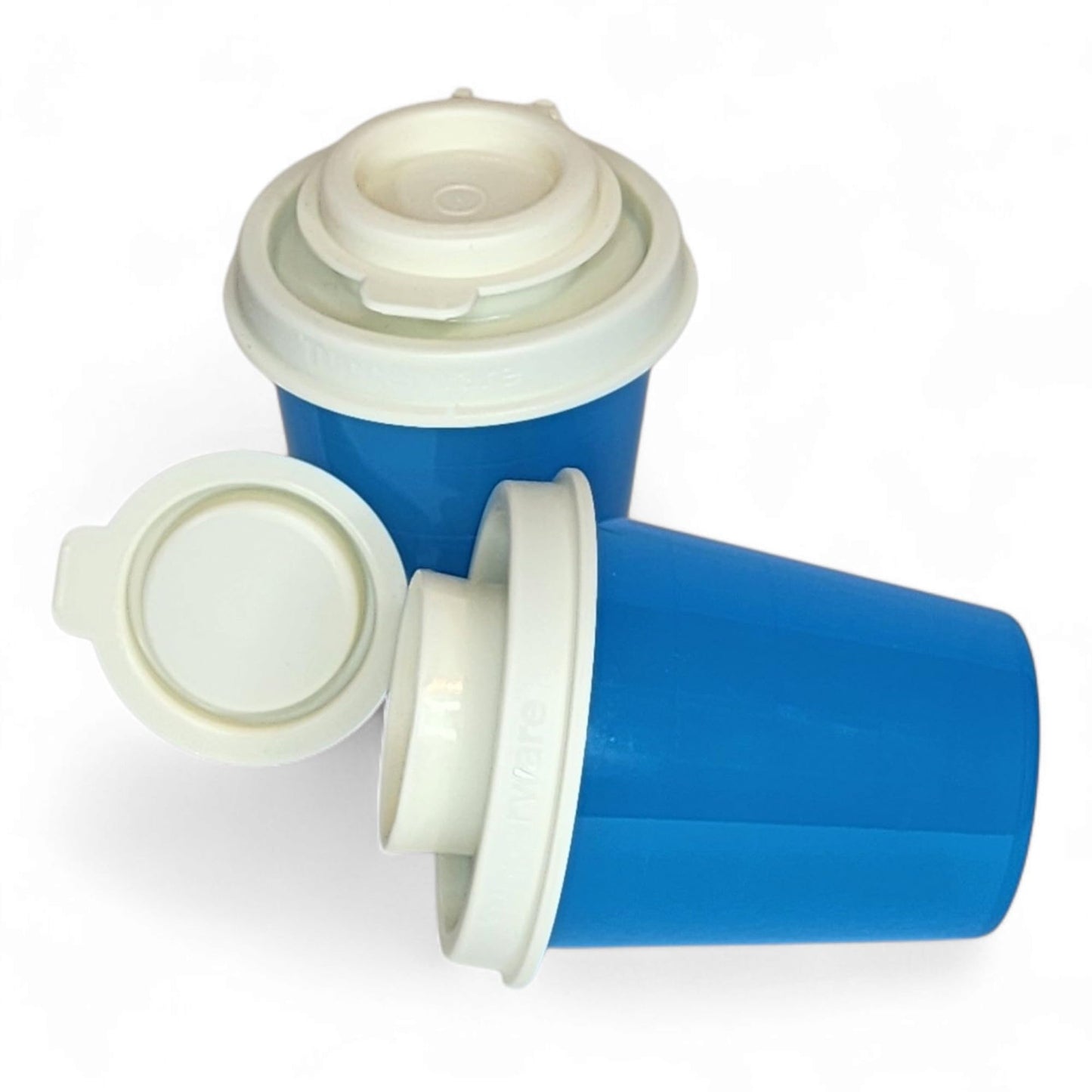 Tupperware Mini Salt and Pepper Shakers Set of 2 Mini Midgets 2 oz Azure Blue with Cream Lids