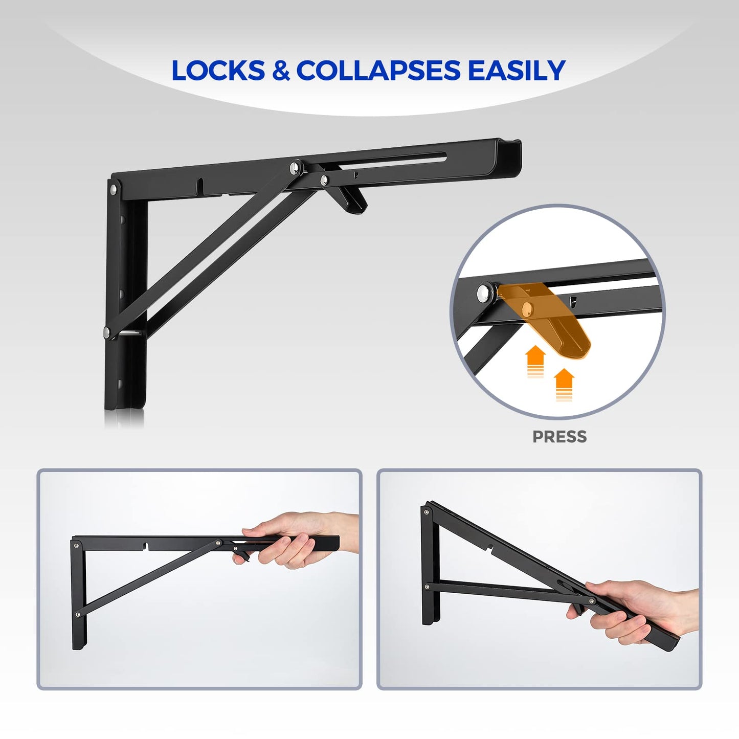 Ravinte 10 Inch Folding Shelf Brackets - Matte Black Collapsible Heavy Duty Brackets for Table Bench - Space Saving, 2 Pack ﻿