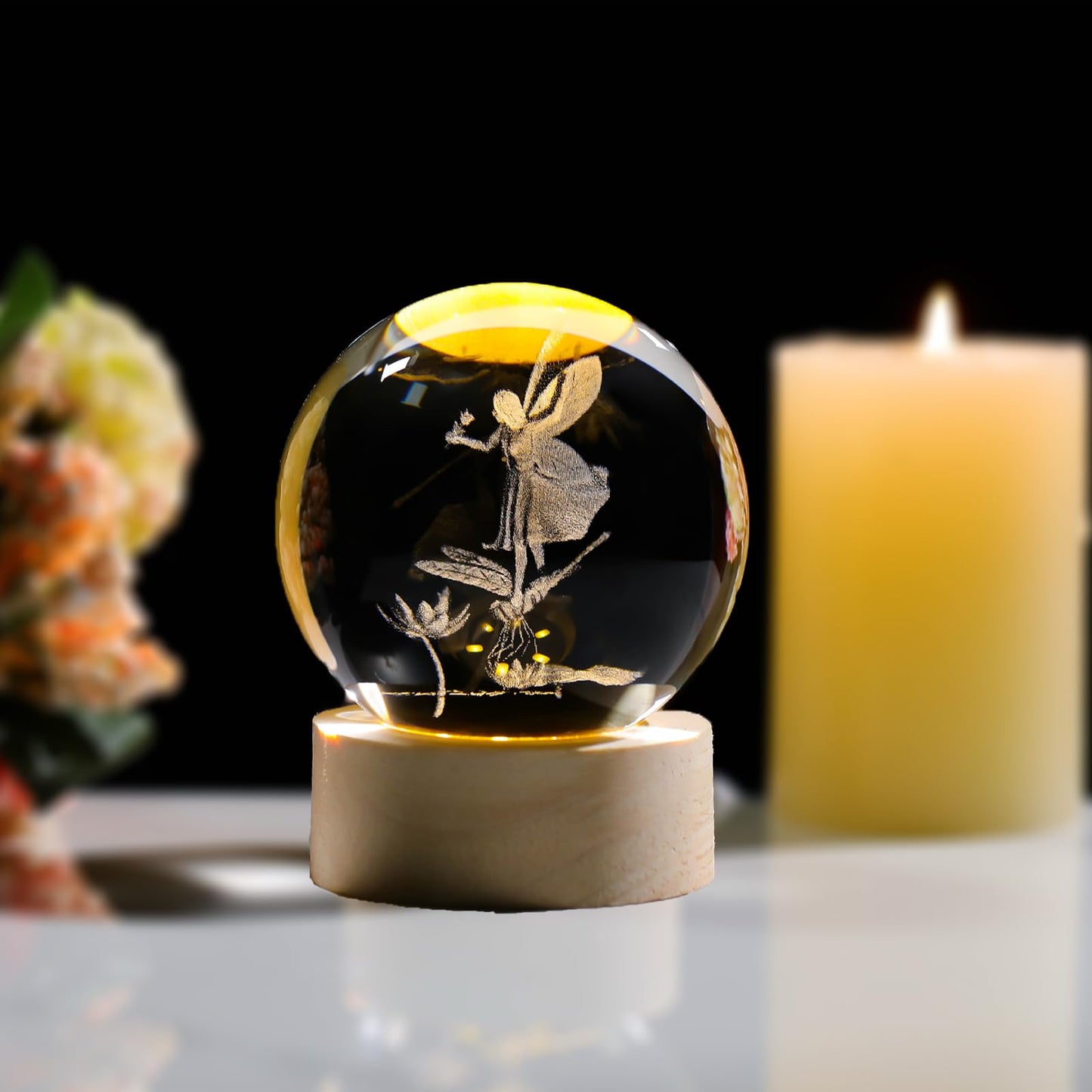 Arikyrist 3D Crystal Ball Lamp Decor Glass Sphere Paperweight with LED Wooden Base, 3D Laser Engraved Glass Fairy Figurines Night Light Gifts for Home Office Decor