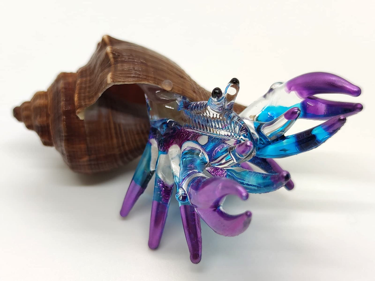 Sansukjai Seashell Hermit Crab Miniature Figurines Beach Animals Hand Blown Glass Art Collectible Gift Decorate - Brown Spiral Shell (Purple Blue)