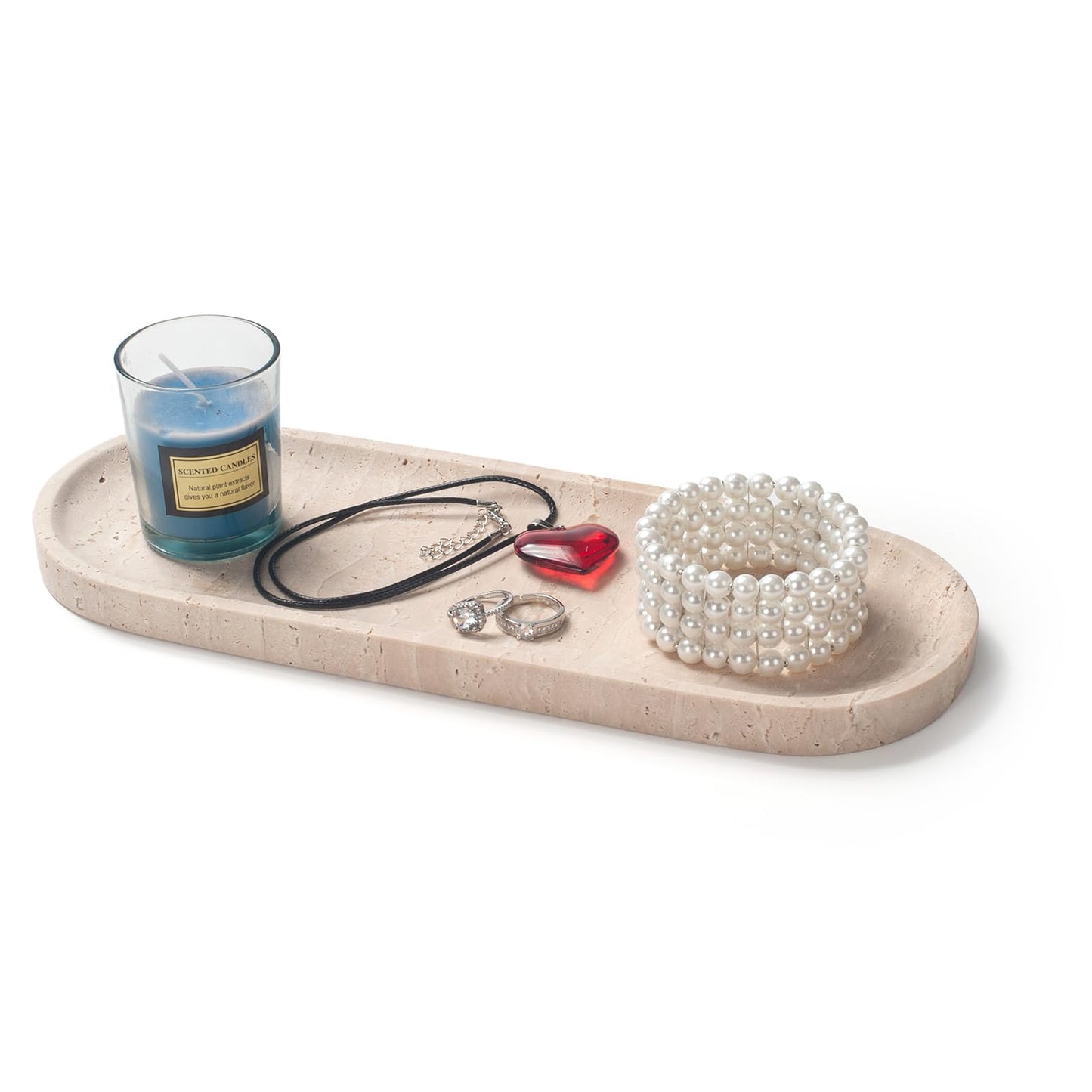 Oval Travertine Stone Tray for Jewelry, Candles, Perfume, Decorative Marble Bathroom Tray for Countertop Organizer 11.8inch x 4.3inch x 0.7inch