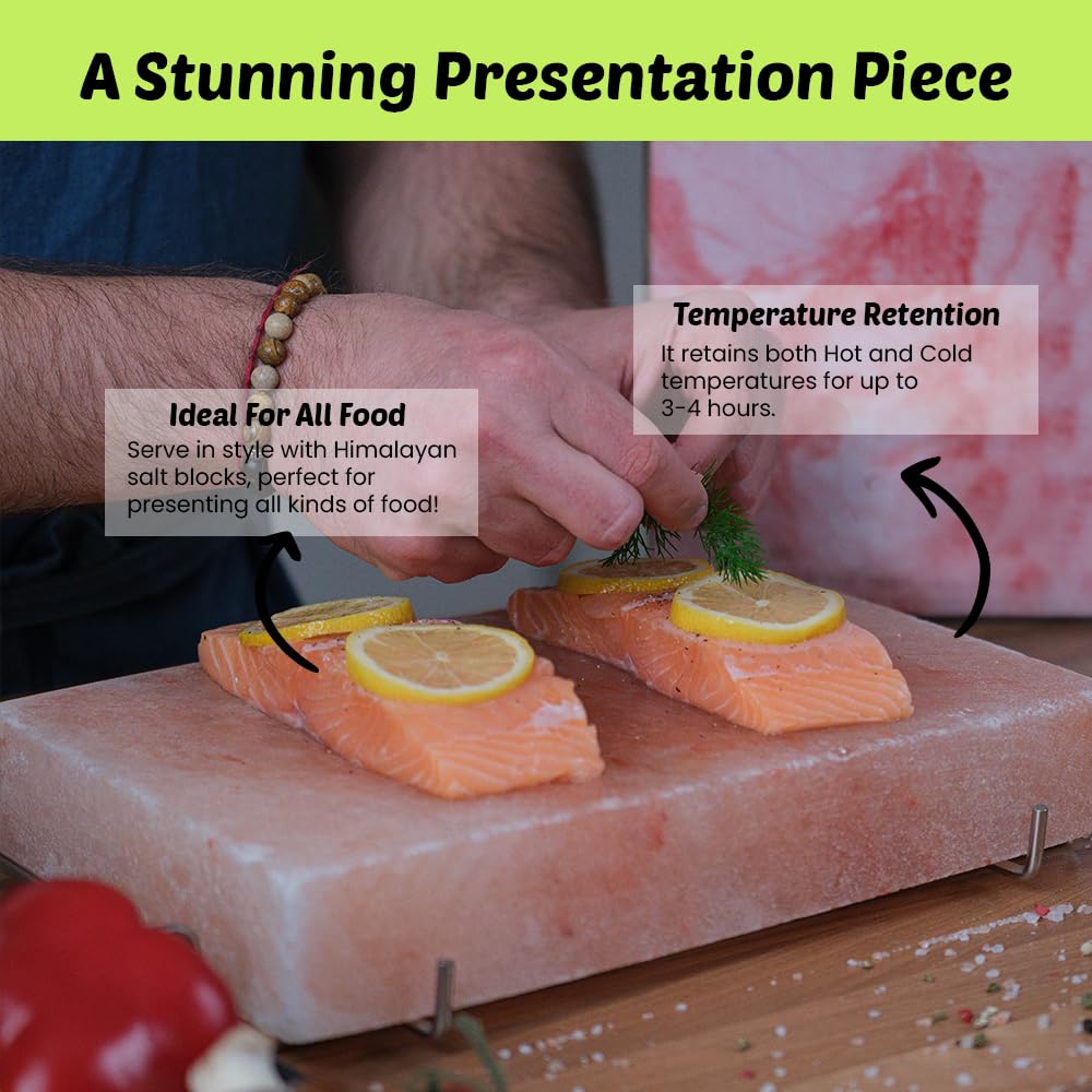 Himalayan Salt Block Cooking Plate 12x8x1.5 for Cooking, Grilling, Cutting and Serving, with Steel Tray & Recipe booklet Unique Gifts for Men, Women, Chefs & Cooks