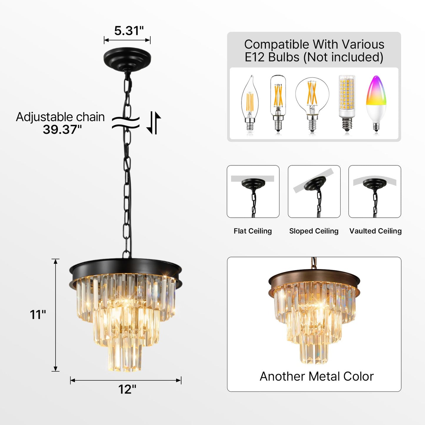Modern Crystal Chandeliers For Dining Room: 12" Black Small Luxury Hanging Pendant Light Fixture Over Table - 3 Tiers Mini Round Chandelier For Kitchen Island Bedroom Entryway Foyer Closet 4 Lights