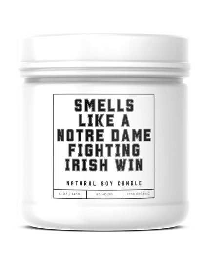 Smells Like A Notre Dame Fighting Irish Win - Scented Soy Wax Candle (8.0 oz) 50-60 Hour Burn Time, Cotton Wick, Frosted White Glass Jar (Vanilla)